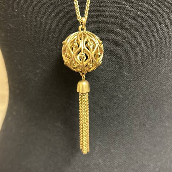 Lucky gold necklace with ball with crystals and tassel, 32” - Picture 4 of 7